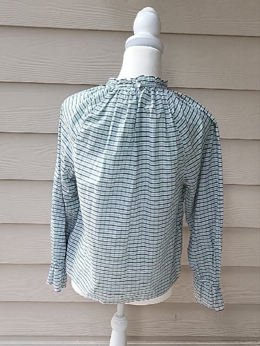 J.Crew Blue Plaid Smocked Neck Ruffle Blouse Size Small Cotton Long Sleeve Top - Picture 5 of 14